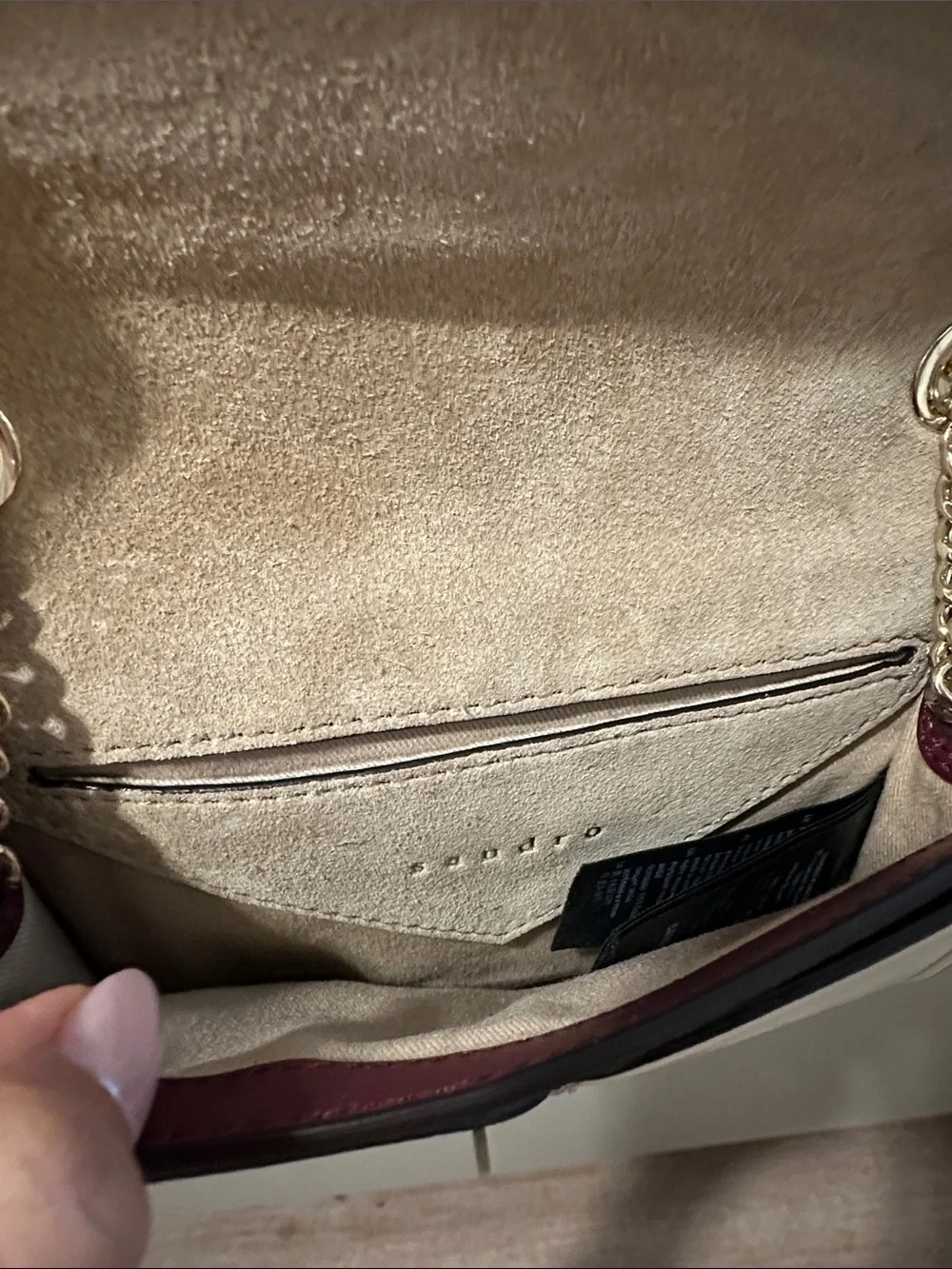 Sandro Lou Calf Leather Crossbody Bag in Burgundy and Cream with Chain Strap